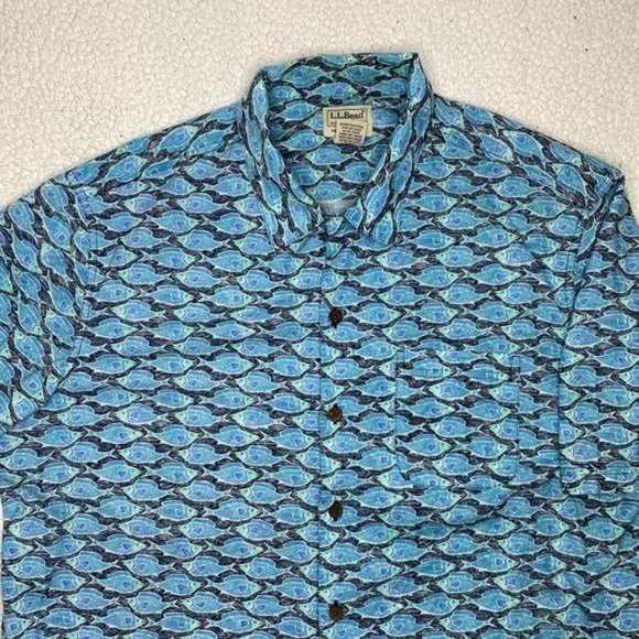 L.L. Bean Fish AOP Button Down Shirt: Size Large - Picture 3 of 9